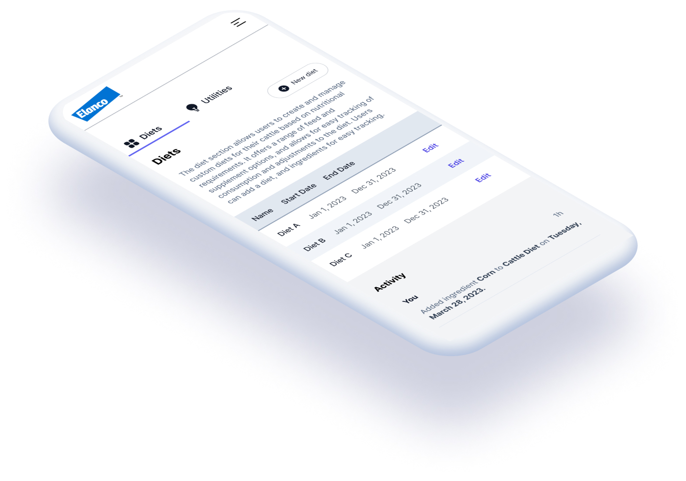 UpLook mobile mockup: diets list with start and end dates and the activity feed
