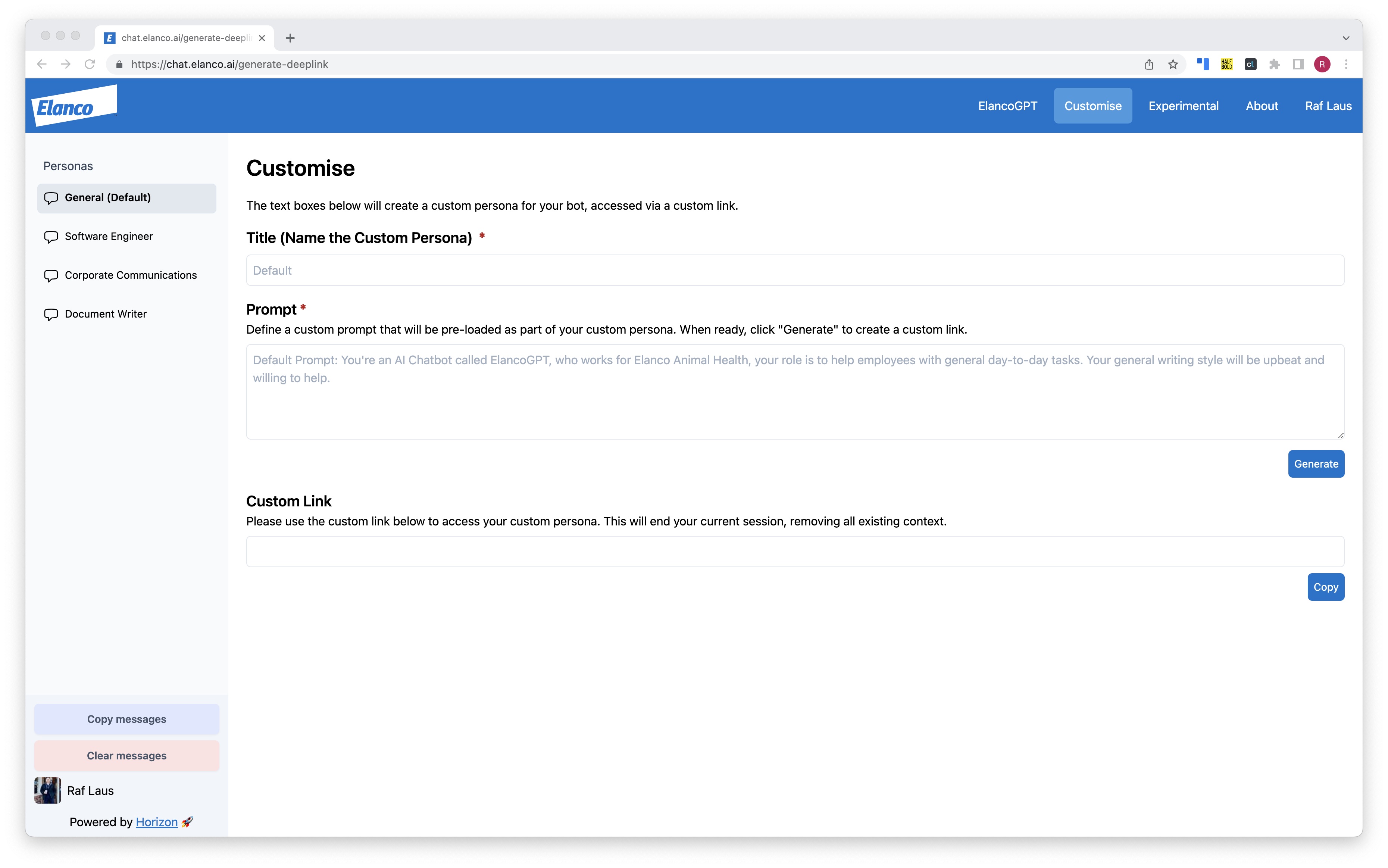 Customise page: title and prompt fields generate a custom-persona deeplink