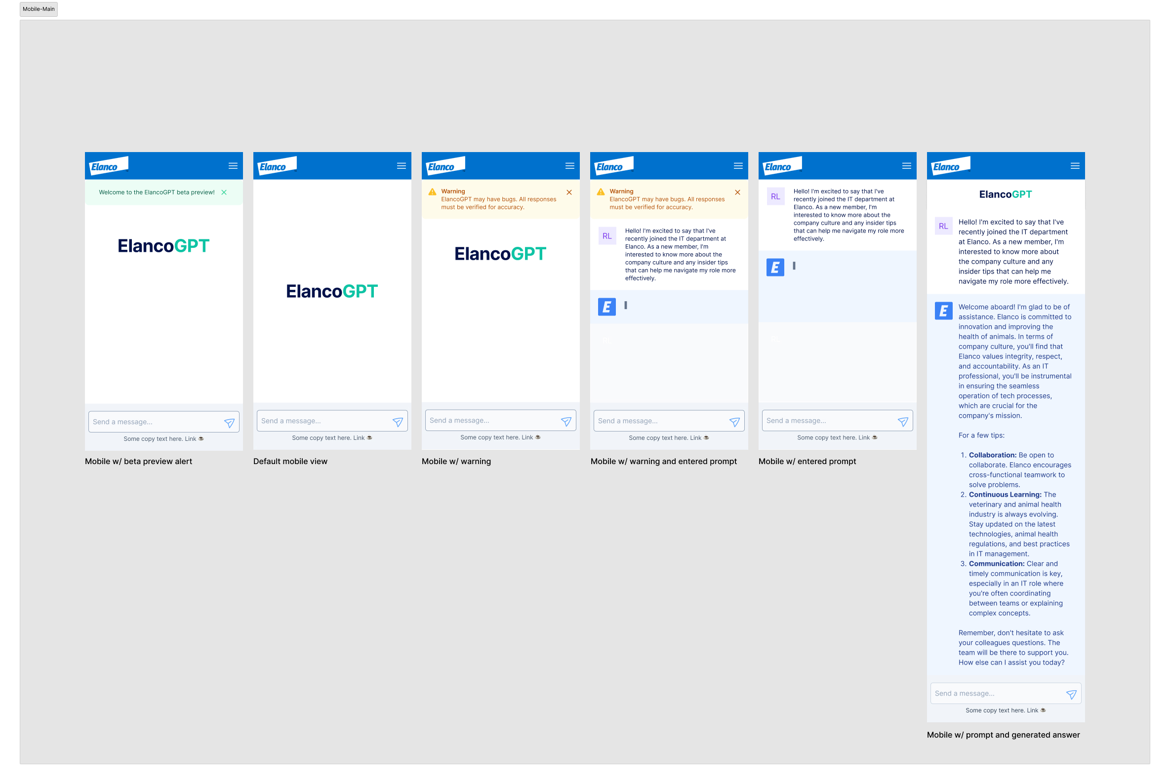 Mobile flow: six states from beta alert to generated answer