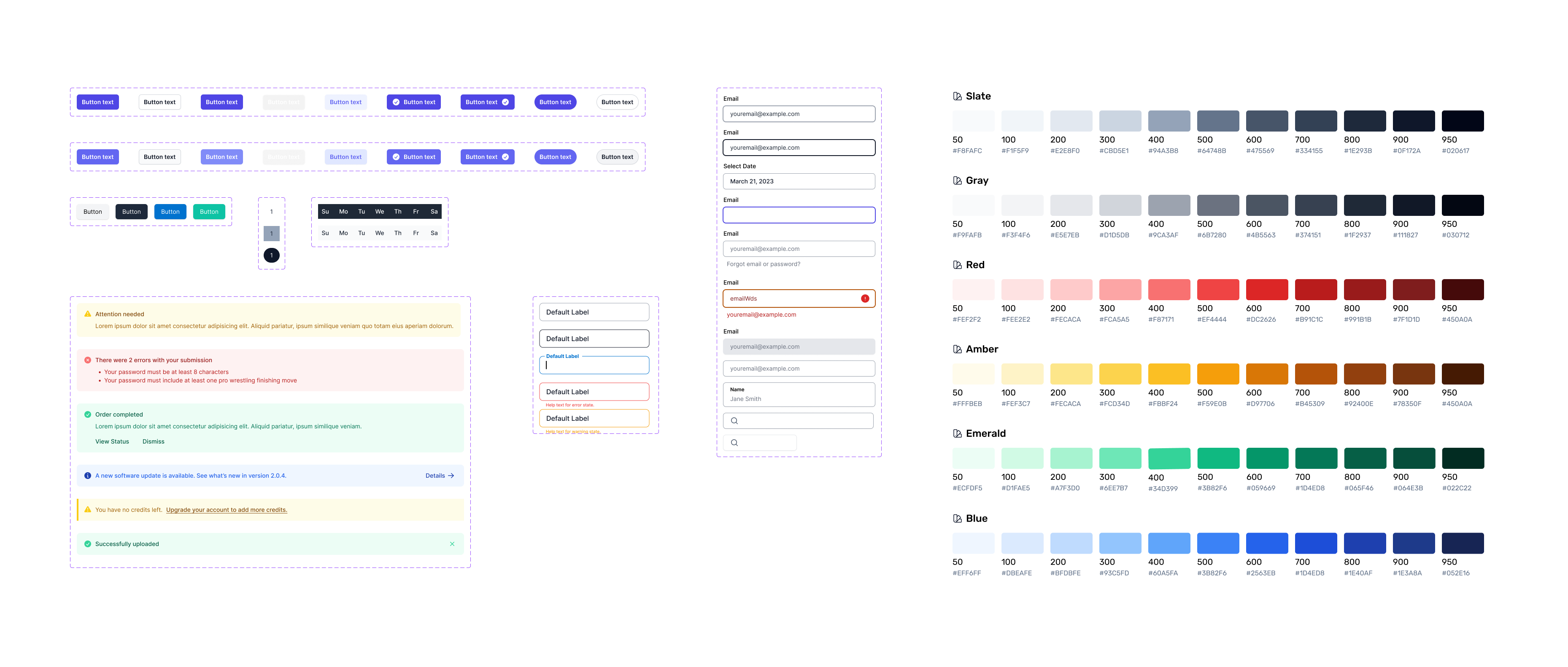 Master doc component sheet: button states, pagination, calendar weekday headers, alert variants, input field states, and Tailwind color scales for Slate, Gray, Red, Amber, Emerald, and Blue