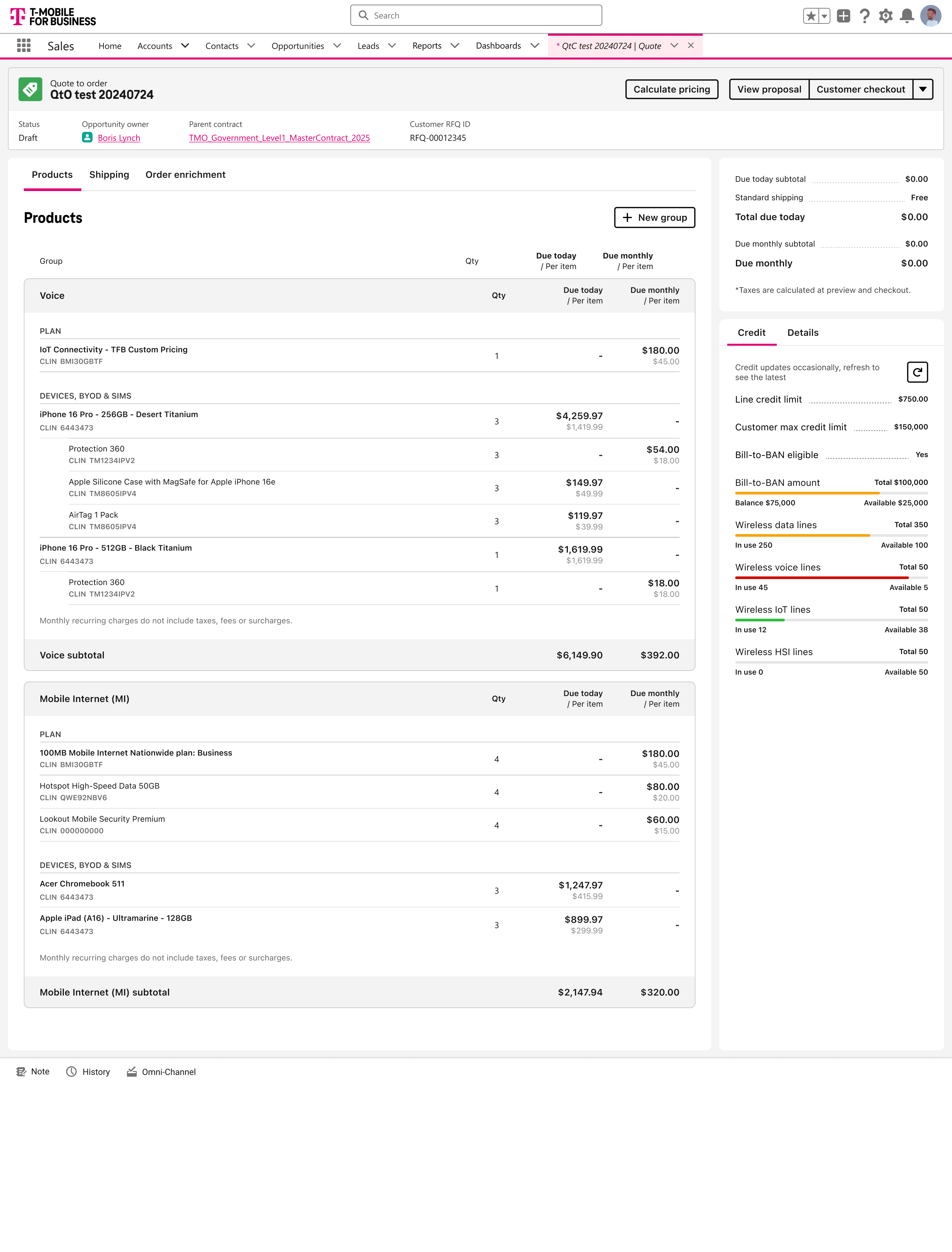 Quote to order screen: grouped product lines with due today and due monthly columns beside a credit panel.